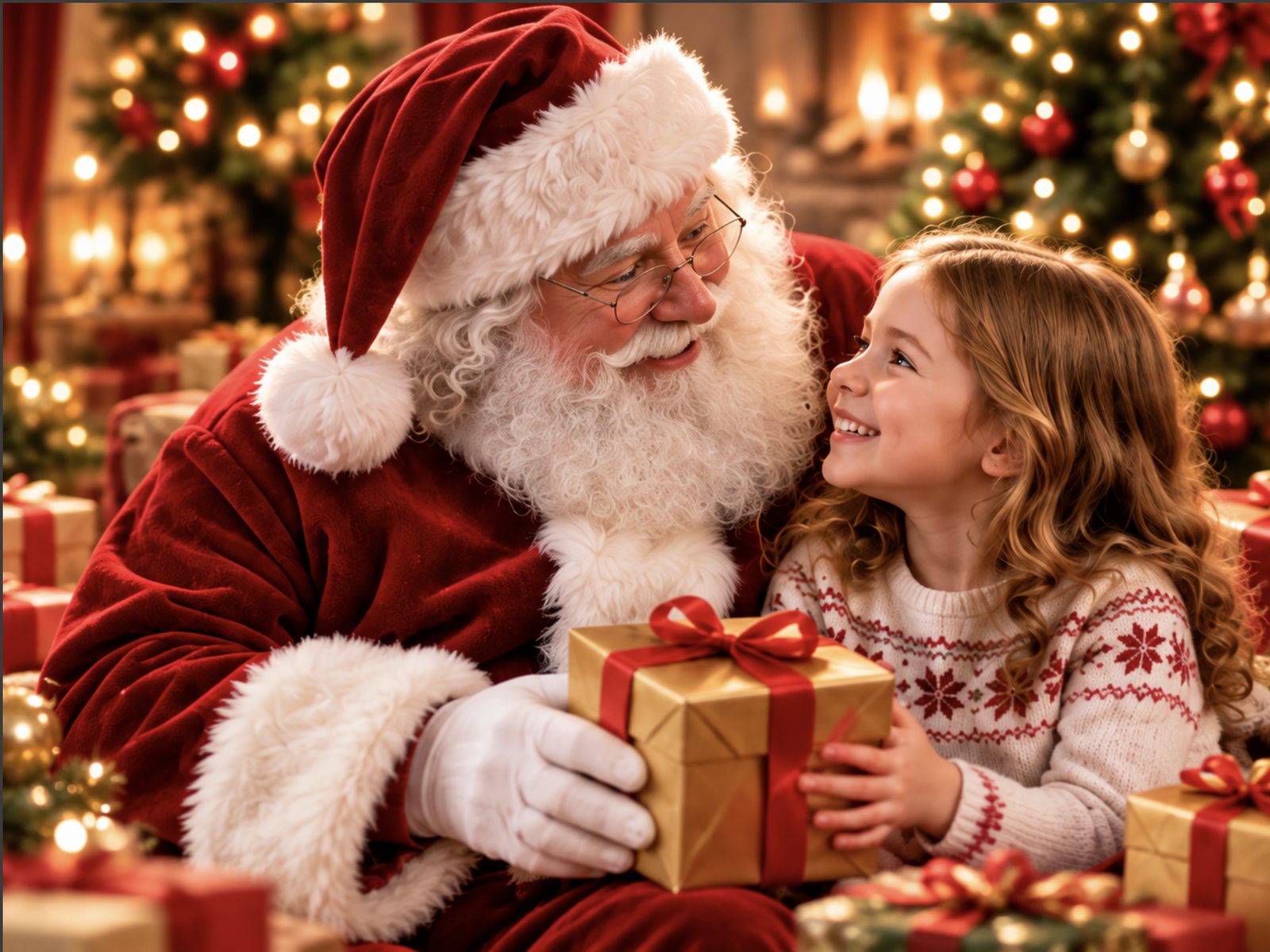 Santa and a smiling girl holding a gold-wrapped gift together
